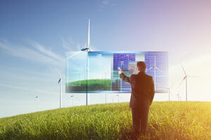 an illustration of a person in a suit on a hill looking out over a smart power plant